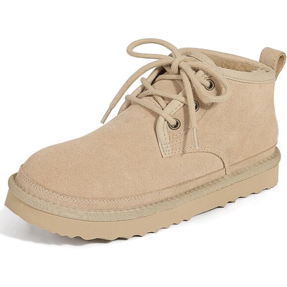 Women's Faux Fur Tan Ankle Lined Short Lace Up Snow Mini Booties Shoes - Picture 3 of 7